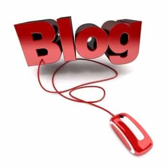Red and white 3D illustration of the word Blog connected to a mouse.