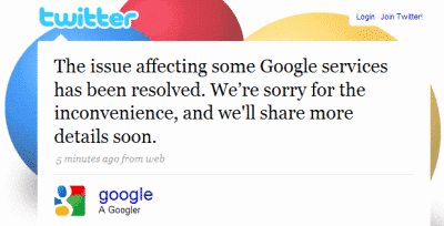 Picture of Tweet showing Google apology