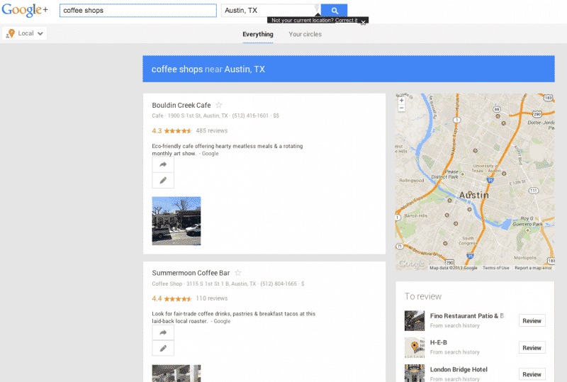 Screen shot of Google+ Local