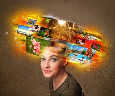 Cute girl with colorful glowing photo memories concept
