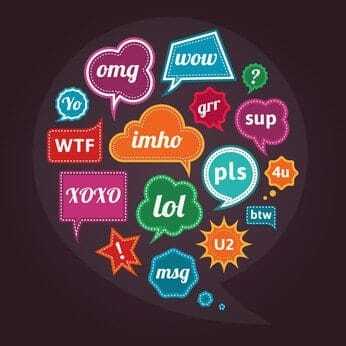Collection of acronyms and abbreviations colorful speech bubbles